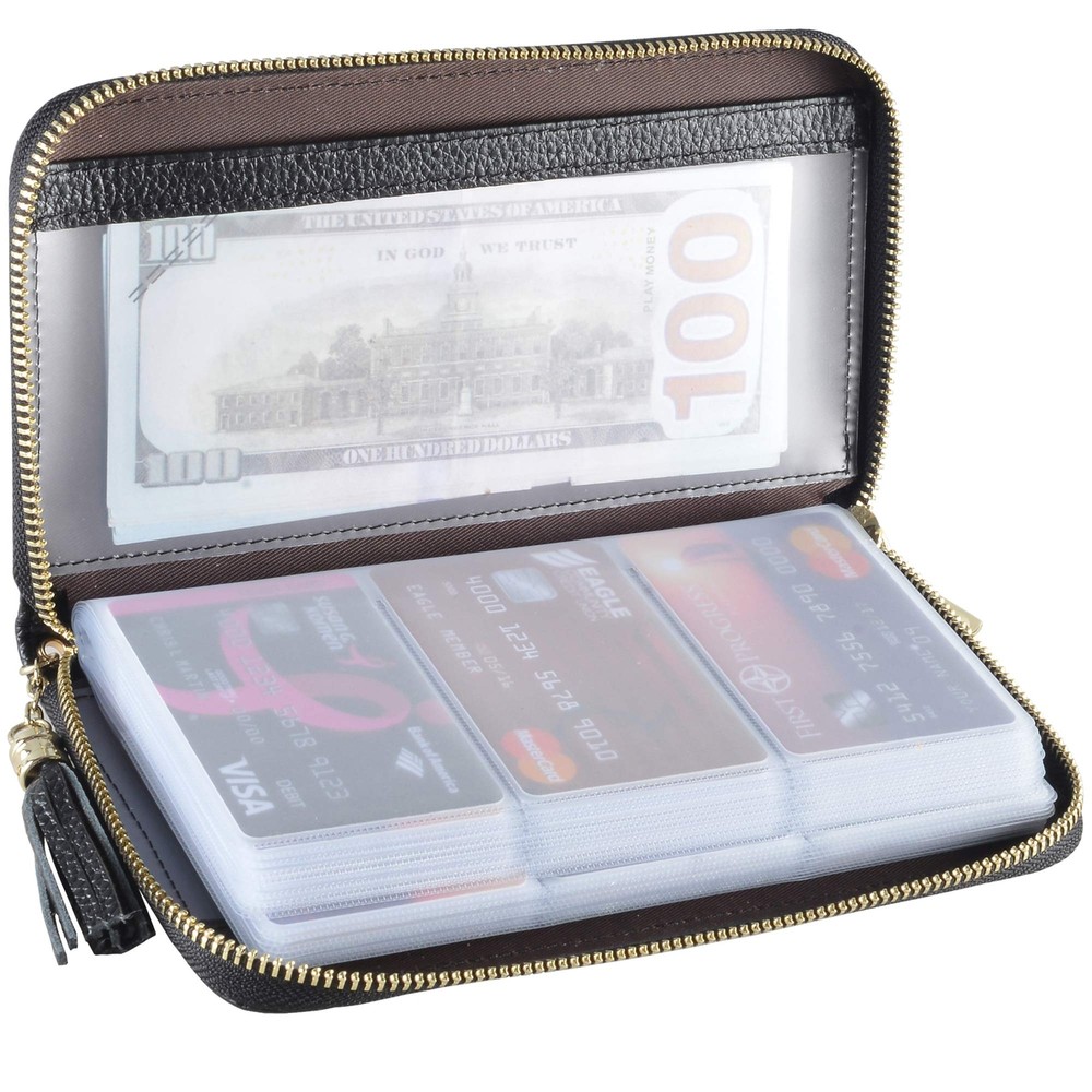 Leather RFID Blocking Wallet with 60 Card Slots and Zipper Closure-image