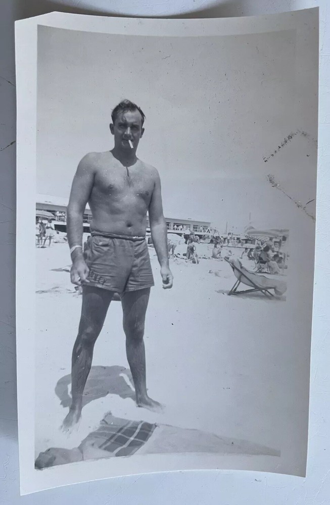 Vintage Photo Handsome Shirtless Man Smoking On Beach Gay Int 1940s 2.75x4.25