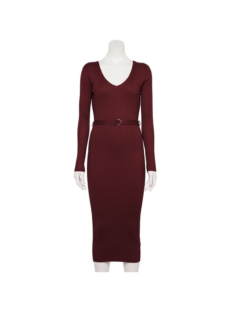 ALMOST FAMOUS Womens Burgundy Belted V-back Long Sleeve Midi Body Con Dress S