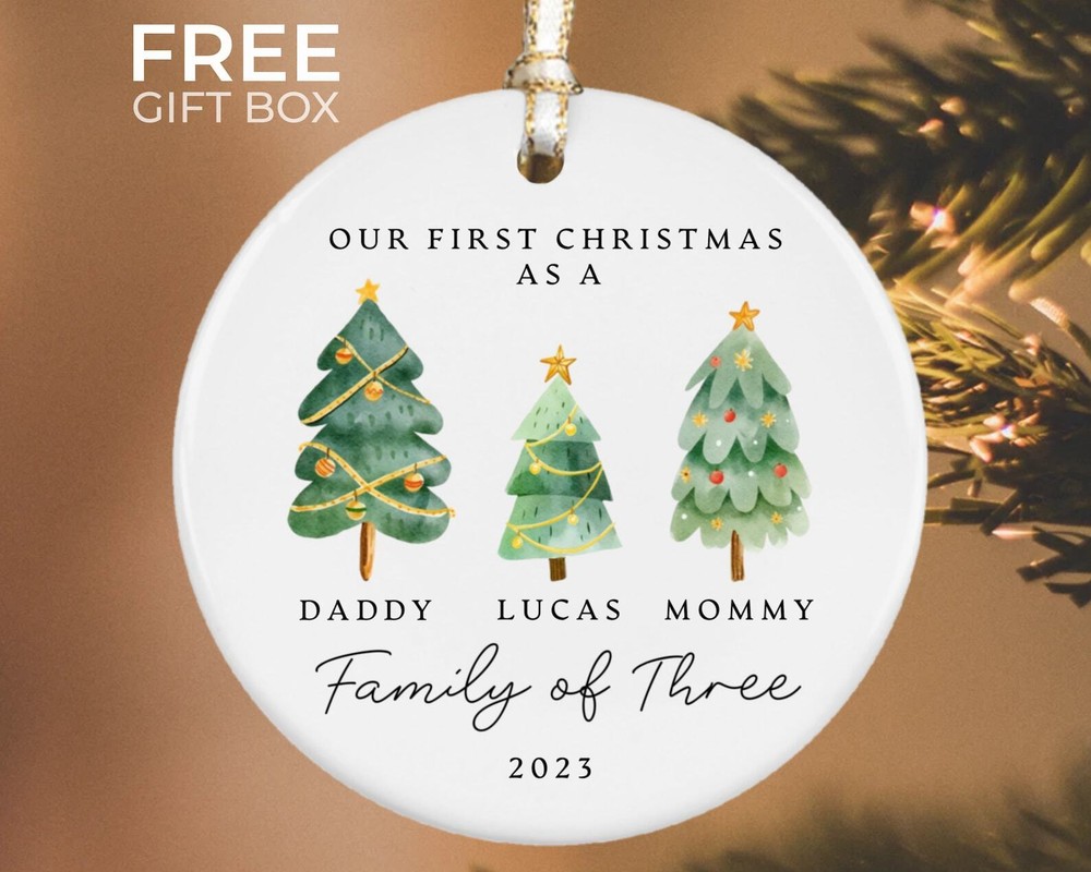 Personalized Family of Three Christmas Ornament - Baby's First Holiday Keepsake