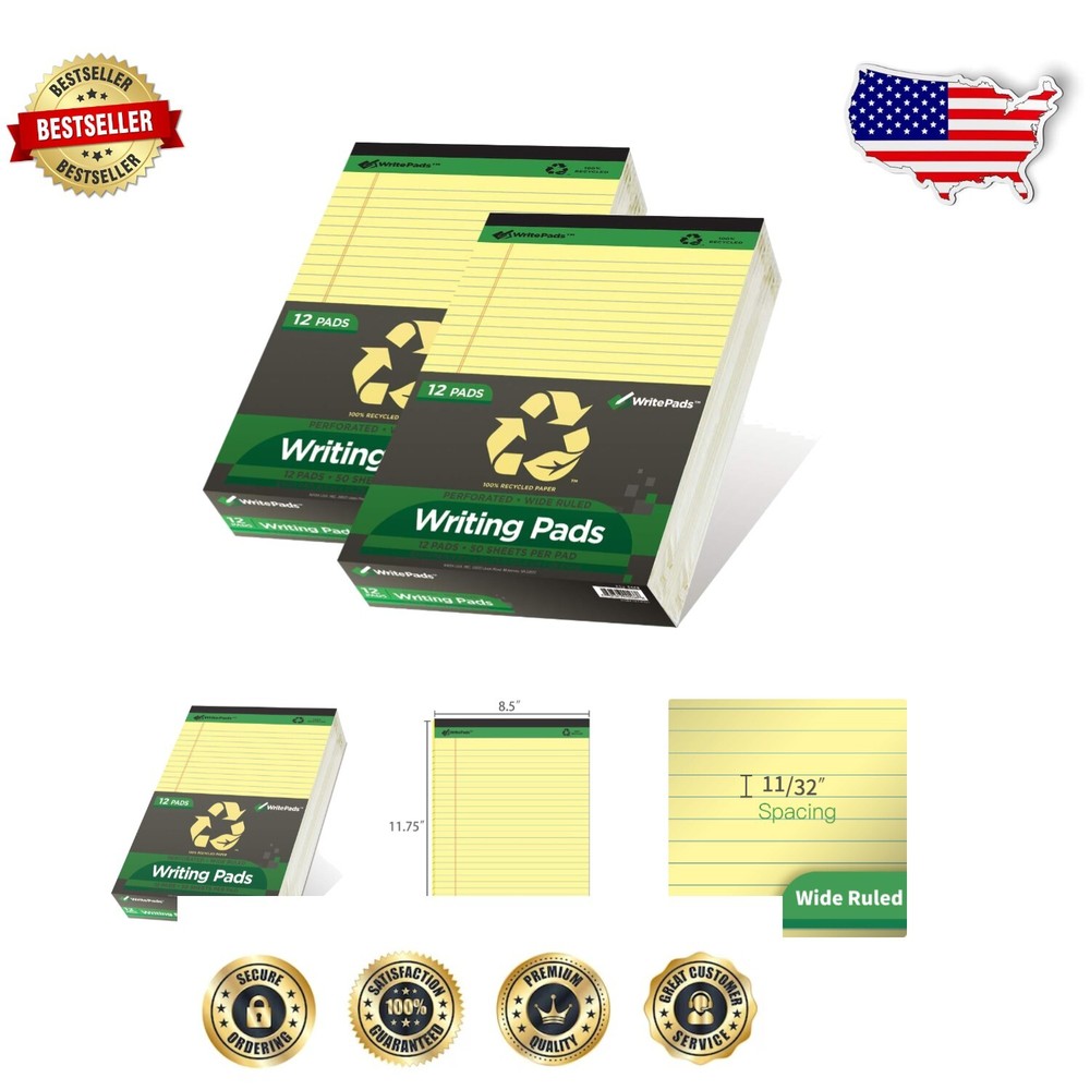 Pack of 24 Recycled Wide Ruled Legal Pads with Smooth Double-Sided Sheets