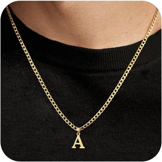 Initial A-Z Letter Pendant Necklace for Men 18K Gold Plated Capital A