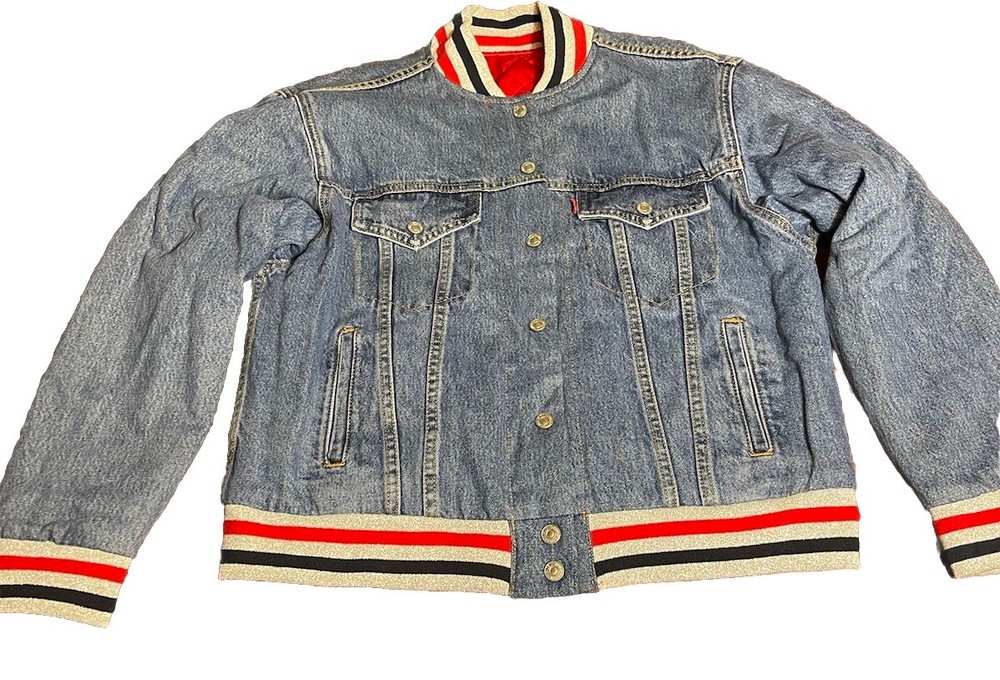 Levi's Denim Jean Trucker Jacket Quilted Lined Women’s Sz Large L Red White Blue