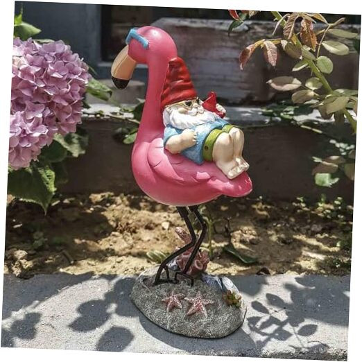 Gnome Garden Statue Funny Gnome Reclining on Flamingo Figurines, Resin flamingo