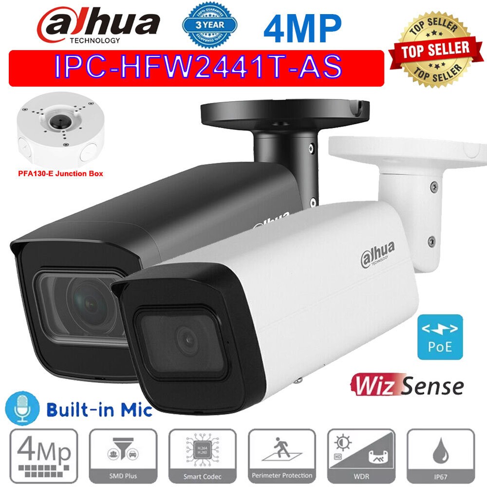 Dahua IPC-HFW2441T-AS 4MP WizSense Bullet IP Camera IR80m SMD+ PoE Built in Mic