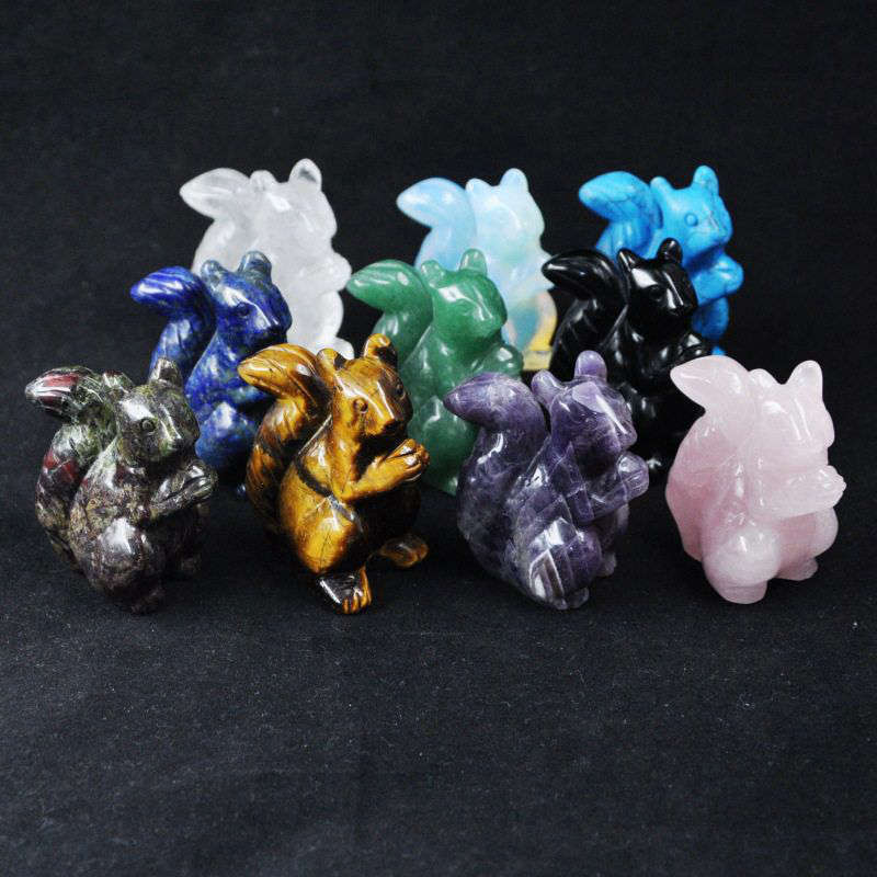 Natural Quartz Crystal Squirrel Healing Stone Carved Tree Mouse Animal Figurine