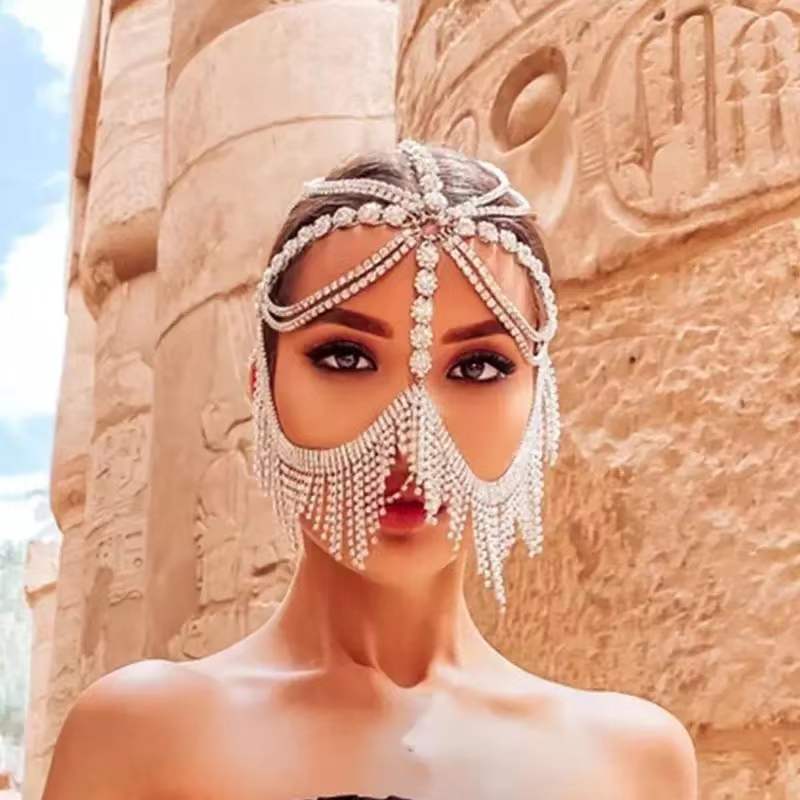Women Rhinestone Tassel Face Mask Chain Veil Headwear Head Chain Jewelry Party