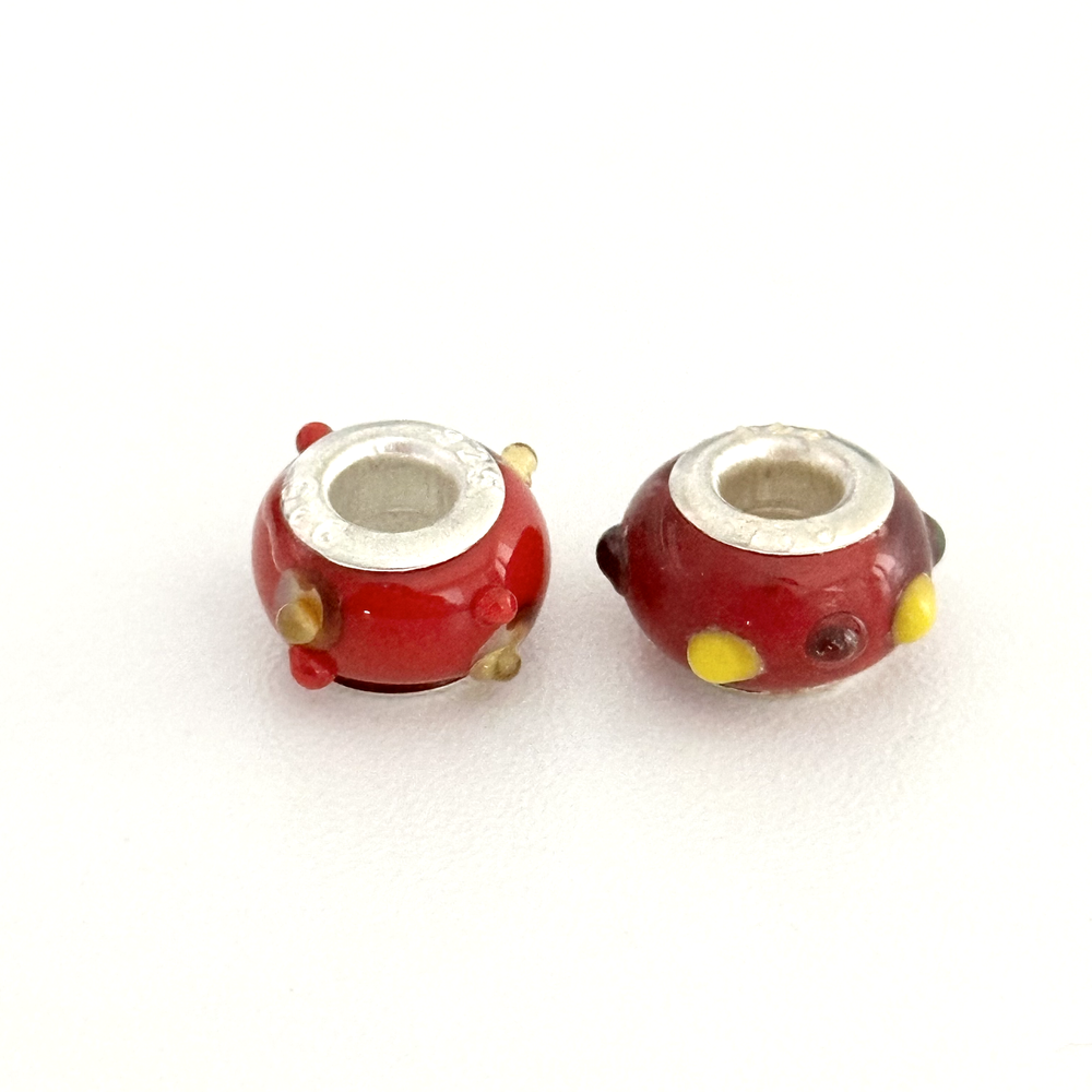 925 Silver Cherry Red Yellow Spots Murano Glass European Charms Set of 2