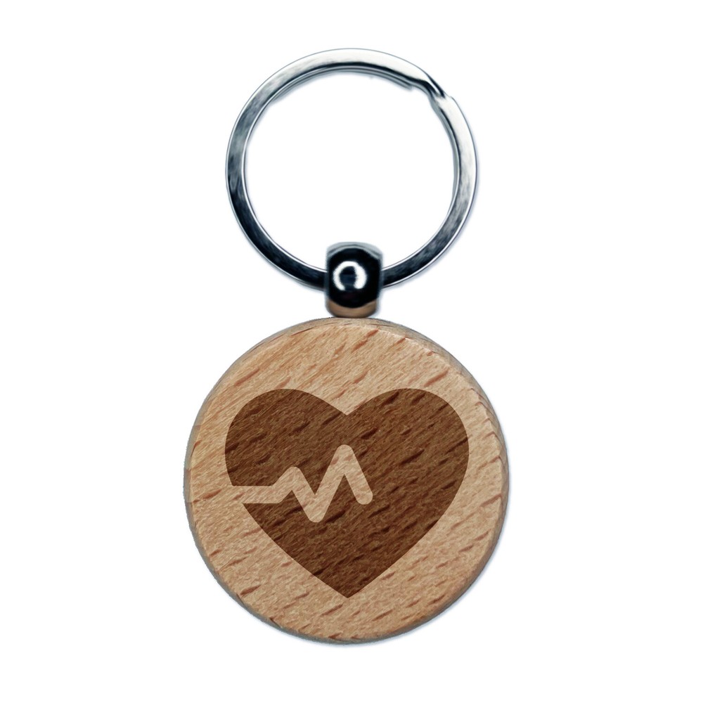 Custom Engraved Wooden Keychain with Heartbeat Design  
