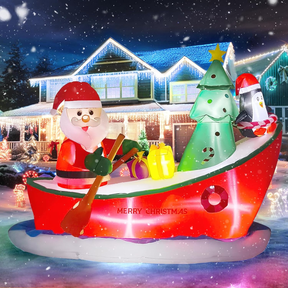 8FT Christmas Inflatables Santa Rowing Boat 2025 NEW LED Outdoor Decoration