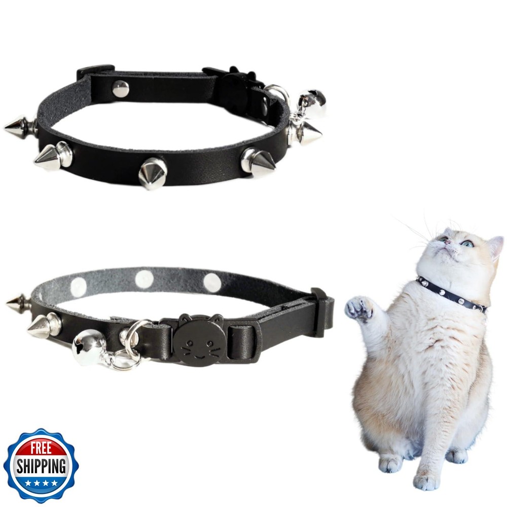 Spiked Cat Collar with Breakaway Safety Bells Genuine Leather Pet Collar