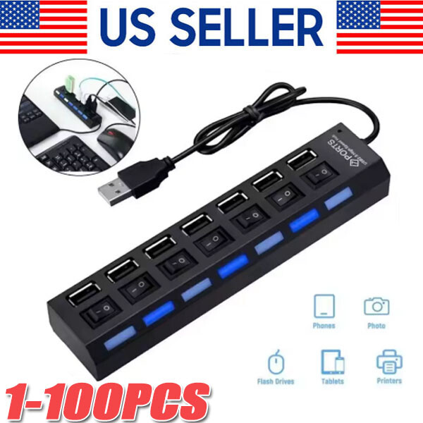 7-Port USB Hub with On/Off Switches, High-Speed Data Transfer, AC Adapter for PC Laptop