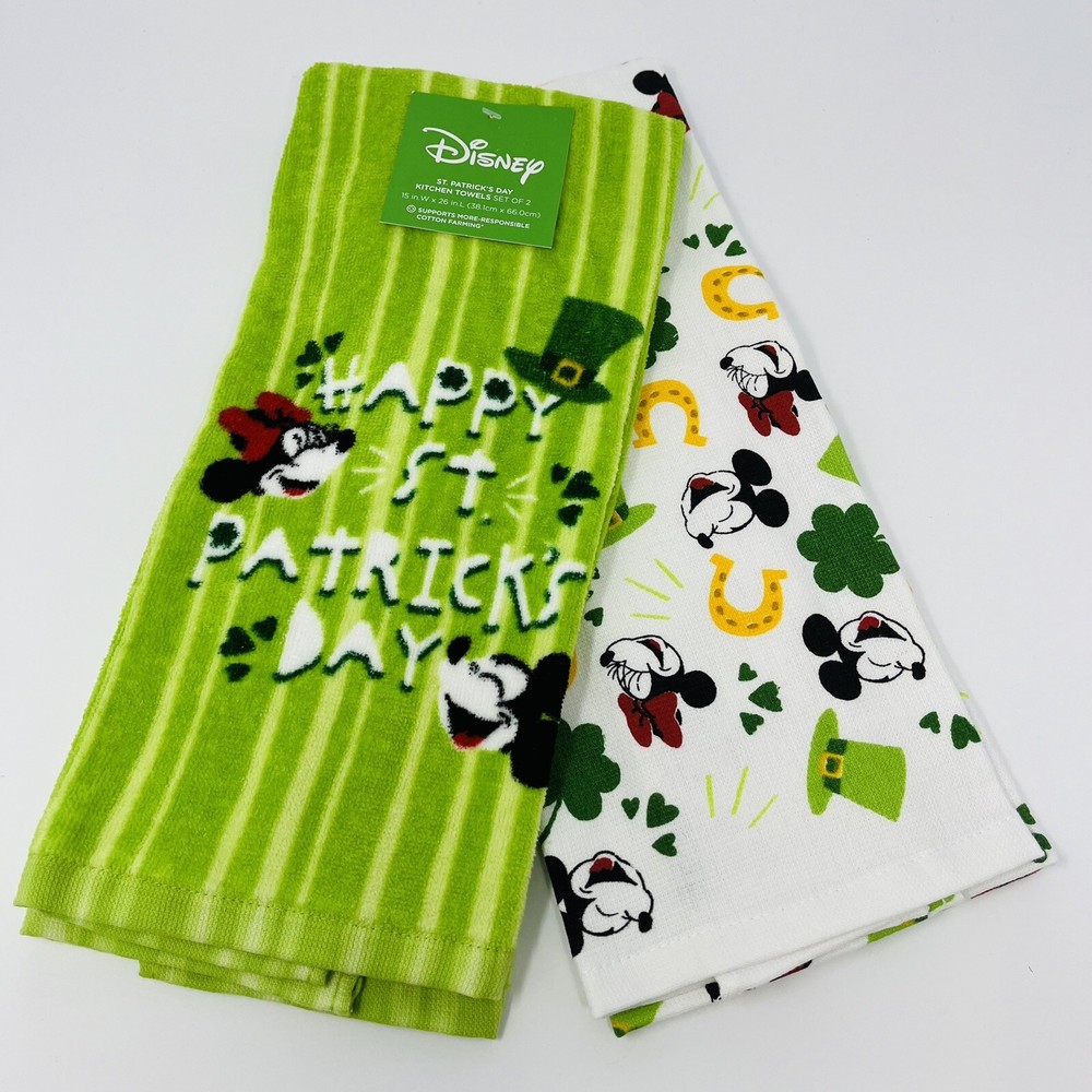 Disney Mickey Minnie Mouse St Patricks Day Kitchen Hand Towels Set of 2 New