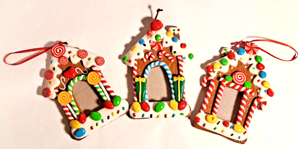 3 Resin Gingerbread House Photo Frame Christmas Ornament Set
