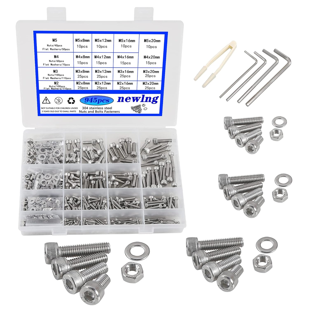 945-Piece Stainless Steel Screws, Nuts, and Washers Assortment Kit - Includes M2, M3, M4, and M5 Sizes for Versatile Fastening Solutions
