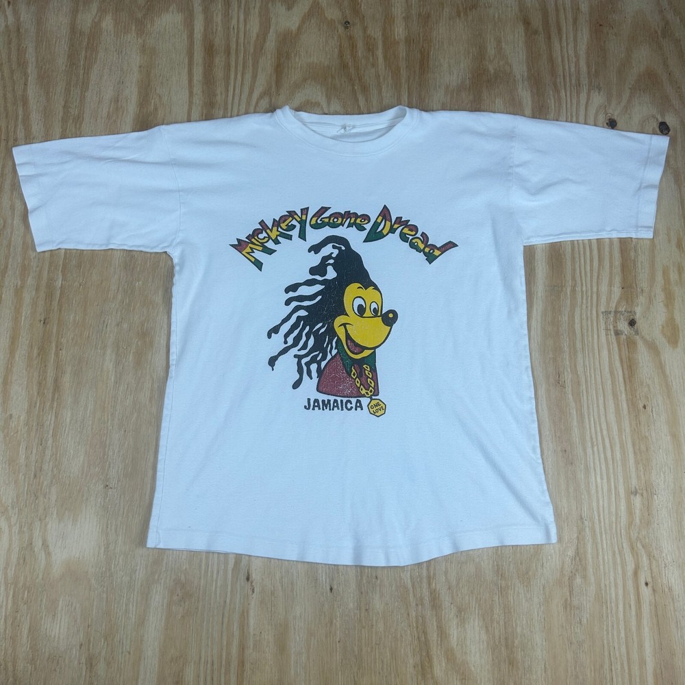 VTG Mickey Mouse Gone Dread Reggae Jamaica Graphic Print  White Tee Men's Size L