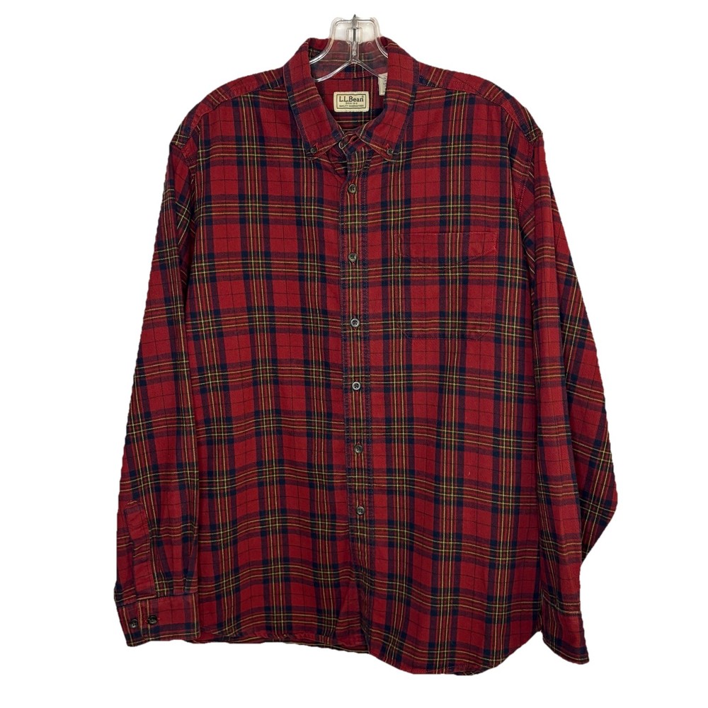 LL Bean Men’s Large Red Navy Yellow Scotch Plaid Button Collar Flannel Shirt
