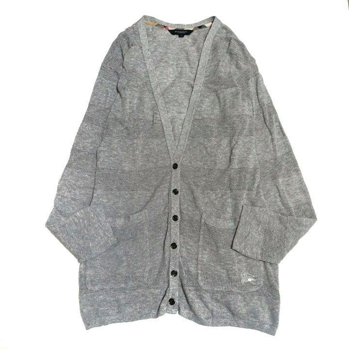 Burberry London Knit Cardigan Gray Striped Lightweight Horse Logo Used
