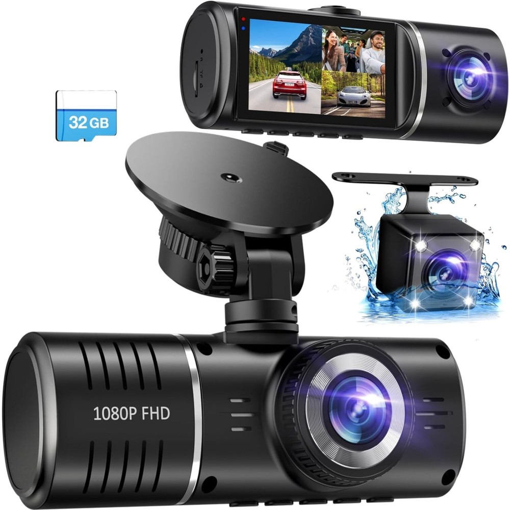 3-Channel Dash Cam with G-Sensor and 32GB Memory Card Included