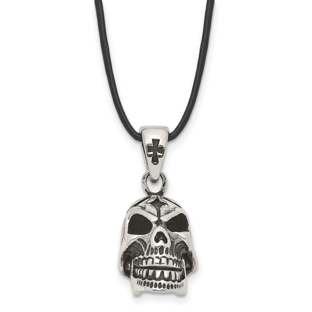 Stainless Steel Polished Moveable Skull Pendant on a Leather Cord Necklace 20