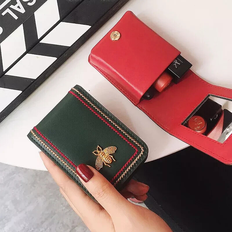 Genuine Leather Mini Makeup Bag with Mirror for Lipstick & Cosmetics  