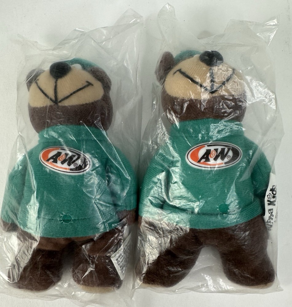 2 1998 A&W Root Beer Bear Rooty 6” Fast Food Toy Plush Stuffed Promo Item - NEW