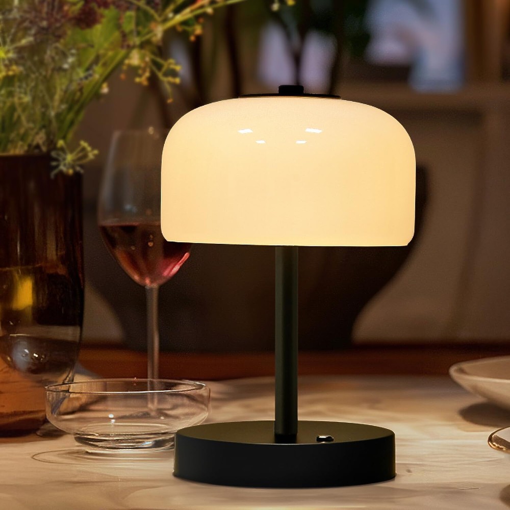 Portable Cordless Table Lamp with Rechargeable Battery and Opal Glass Shade