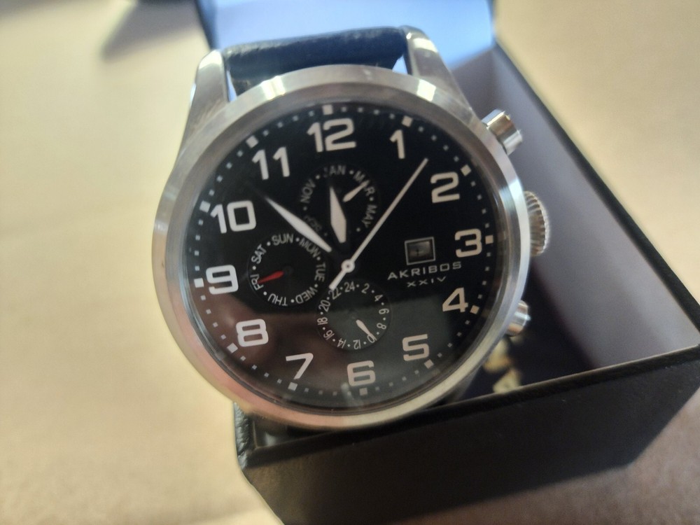 Men's Akribos XXIV AK664 Quartz Black Leather Watch