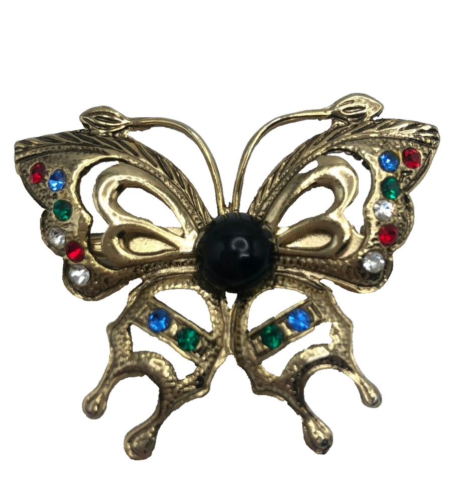 Vintage Gold Butterfly Brooch with Jelly Belly Cabochon and Multicolor Rhinestones