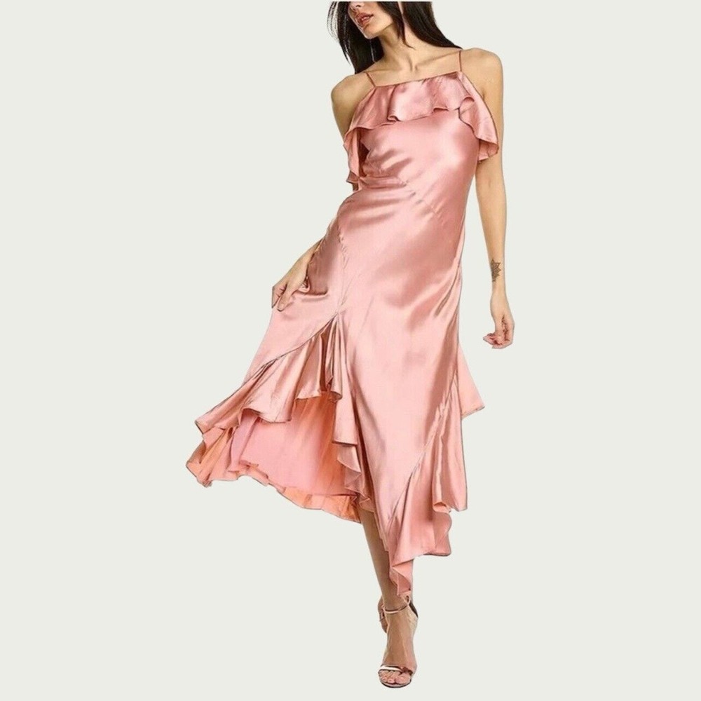 Cinq à Sept Blush Pink Elly Ruffle 100% Silk Maxi Slip Dress Size 12 $595