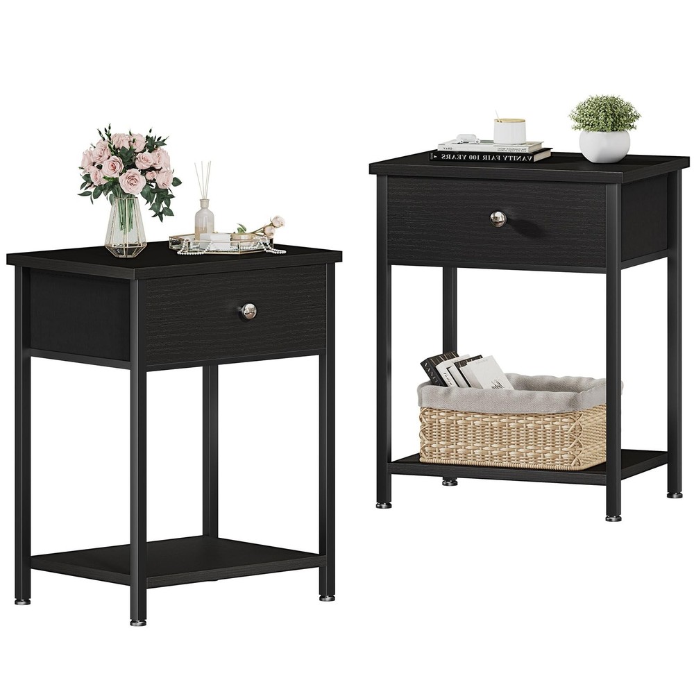 Modern Black Nightstand Set of 2 with Storage Drawers for Bedroom