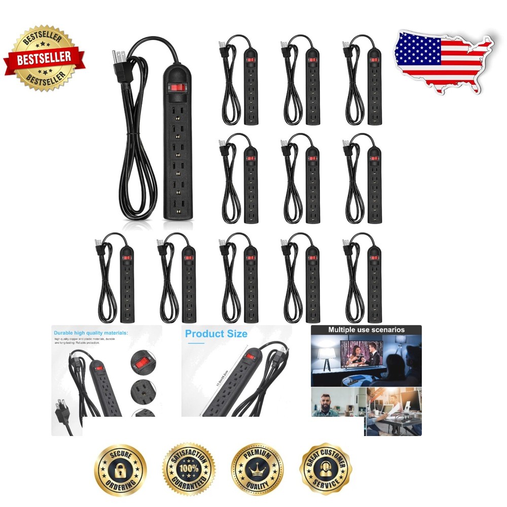 Safe 12-Pack Flat Plug Surge Protector Power Strips - 6 ft Cord for Home Office