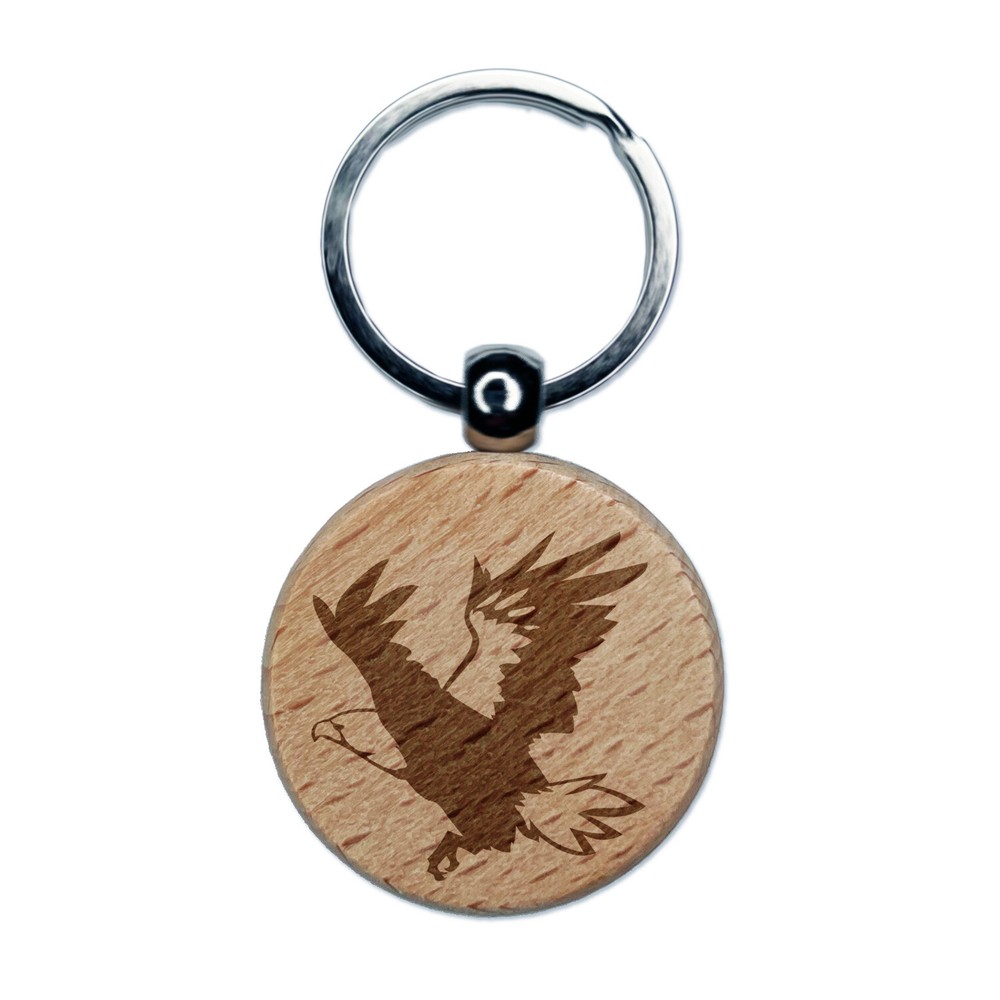 Patriotic American Bald Eagle Flying Engraved Wood Round Keychain Tag Charm