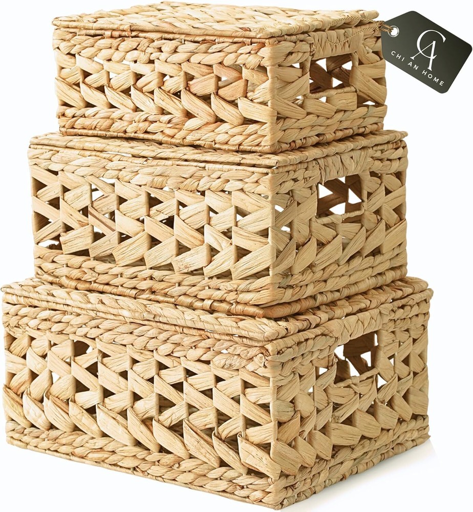 Wicker Storage Basket with Lid, Natural Decorative Wicker Basket for Shelf, W...
