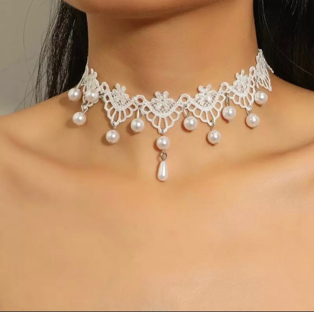 Boho Gothic White Lace Collar Statement Necklace for Women