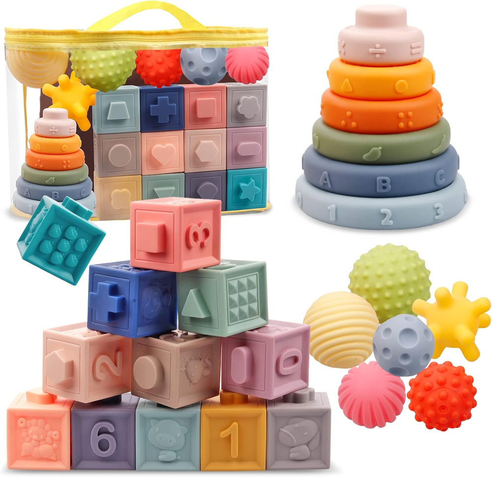 Montessori Toys for Babies,Soft Stacking Building Blocks Rings Balls Sets,3 in 1