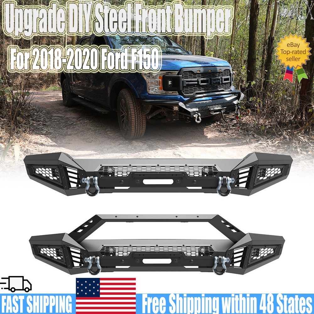 Black Steel Front Bumper w/LED Pod Lights+Shackles For 2018 2019 2020 Ford F-150