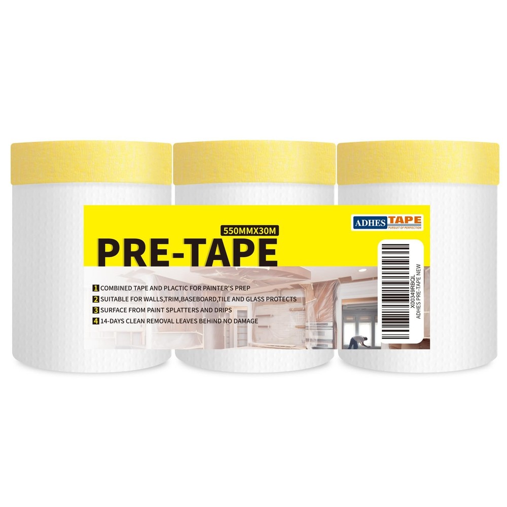 ADHES Pre-Taped Masking Film with Adhesive Edge 22x98 Feet 3 Rolls for Easy Painting