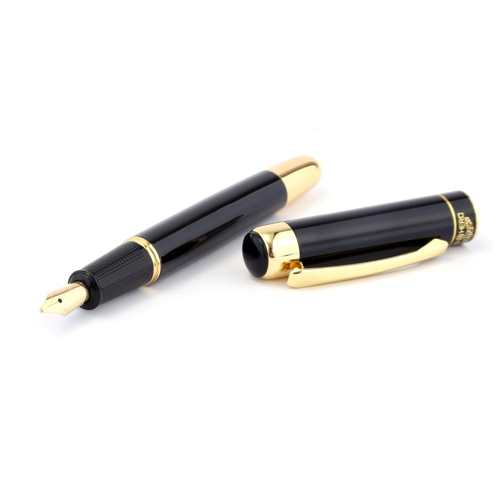 Hero 9018 Fountain Pen - Fude Artist's Signature Nib - Black Gold Luxury