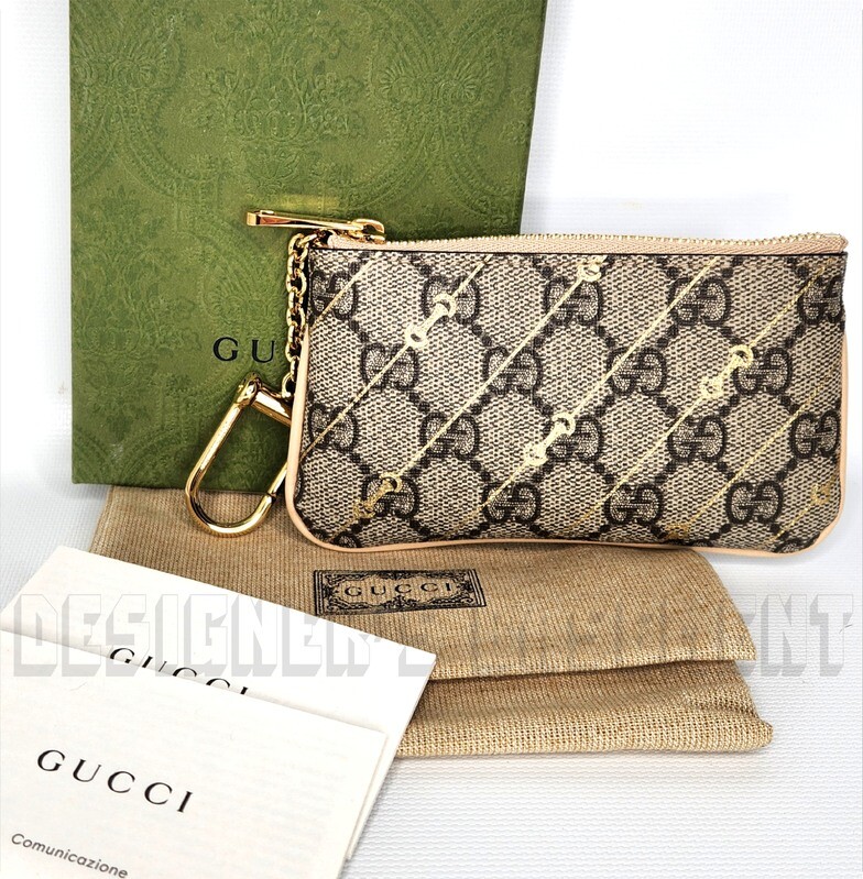 GUCCI beige Leather and GG Supreme Canvas POUCH Key Ring with Gold Horsebit