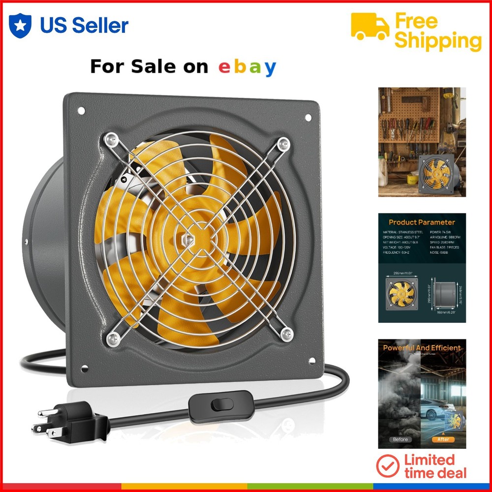 10 Inch 988 CFM Metal Wall Mount Exhaust Fan with Damper for Ventilation