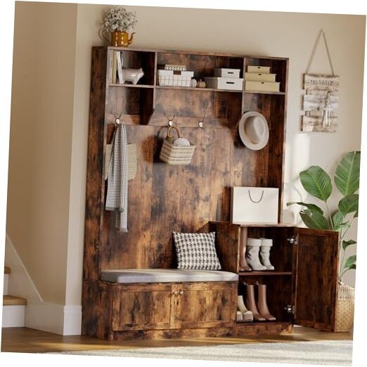 Modern 3-in-1 Entryway Bench with Coat Rack & Storage in 4 Retro Colors