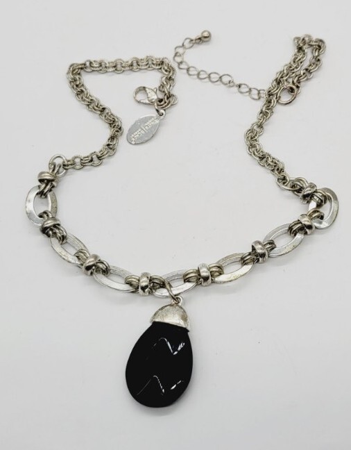 White House Black Market Silver Faux Onyx Medallion Necklace 18 Inches