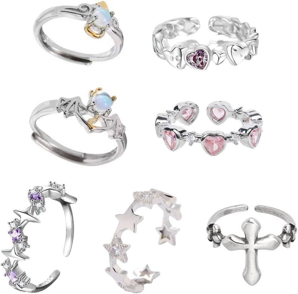 Y2K Rings Set for Women & Men | Adjustable Heart, Star, Cross & Angel Rings
