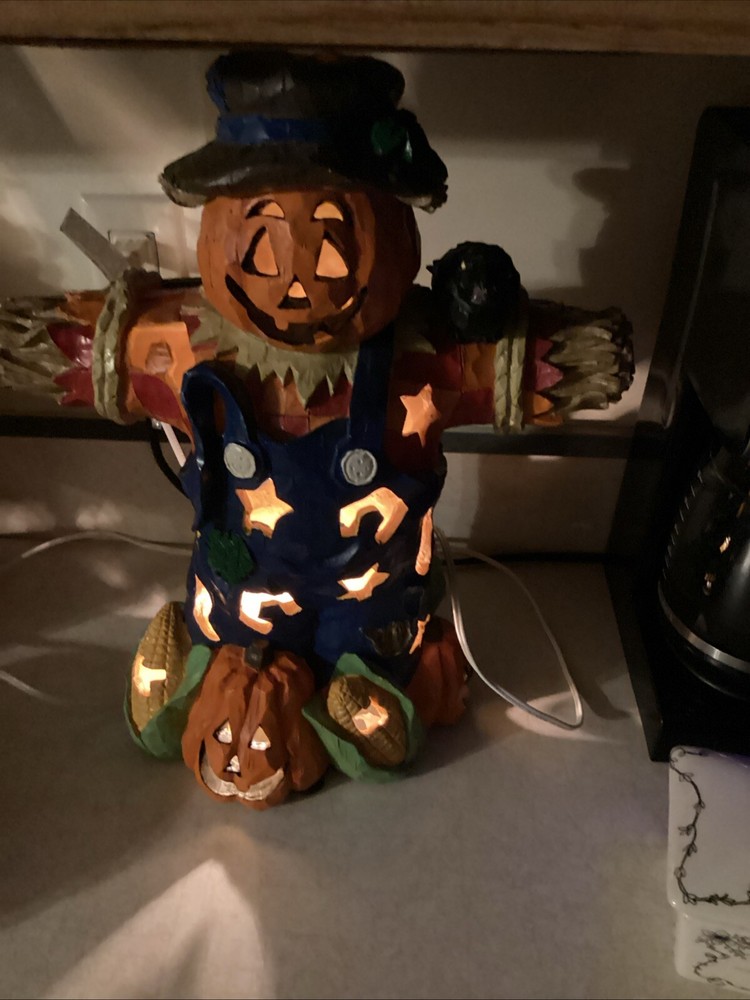 Vintage Mervyn’s Halloween Scarecrow Light-Up Figurine with Pumpkins Corn and Crow  