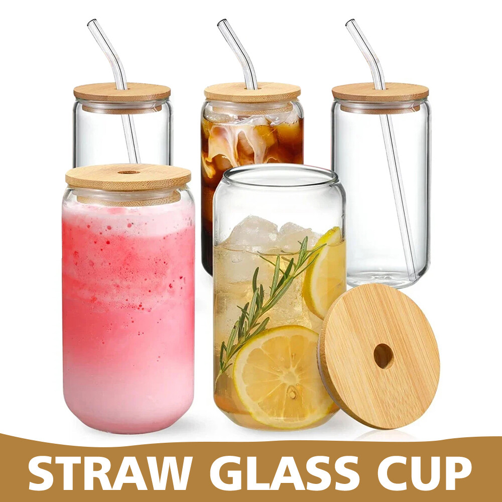 12oz & 18oz Can-Shaped Drinking Glasses with Bamboo Lids and Glass Straws for Juice