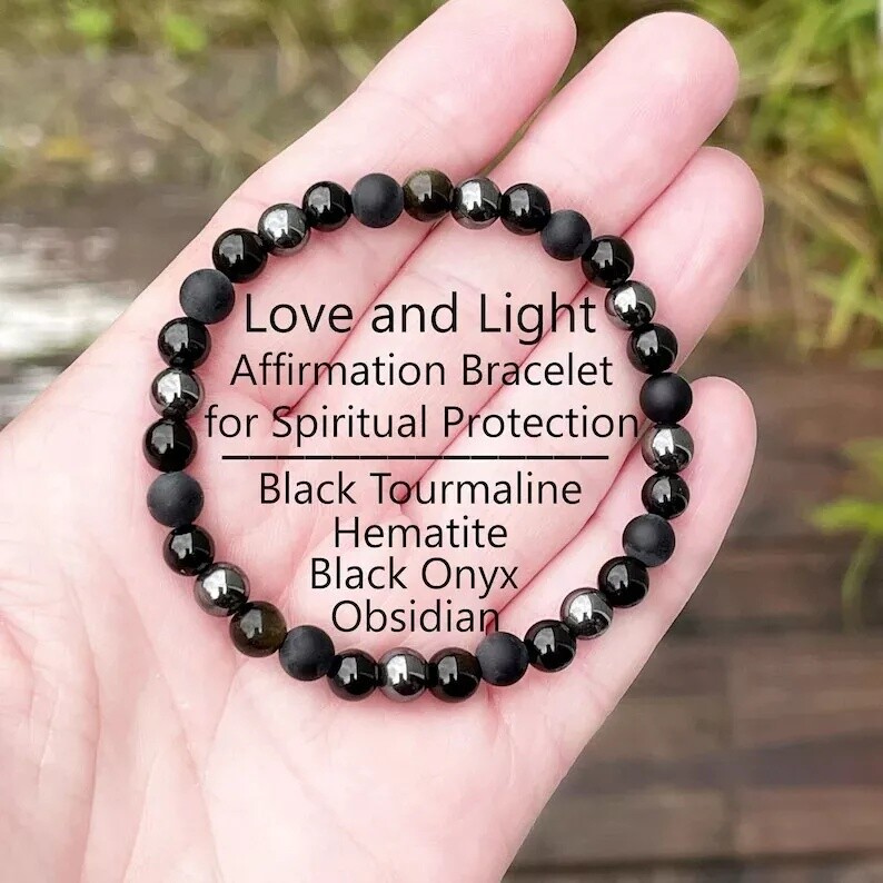 Triple Protection Black Onyx Tourmaline Obsidian Hematite Healing Bracelet 6mm
