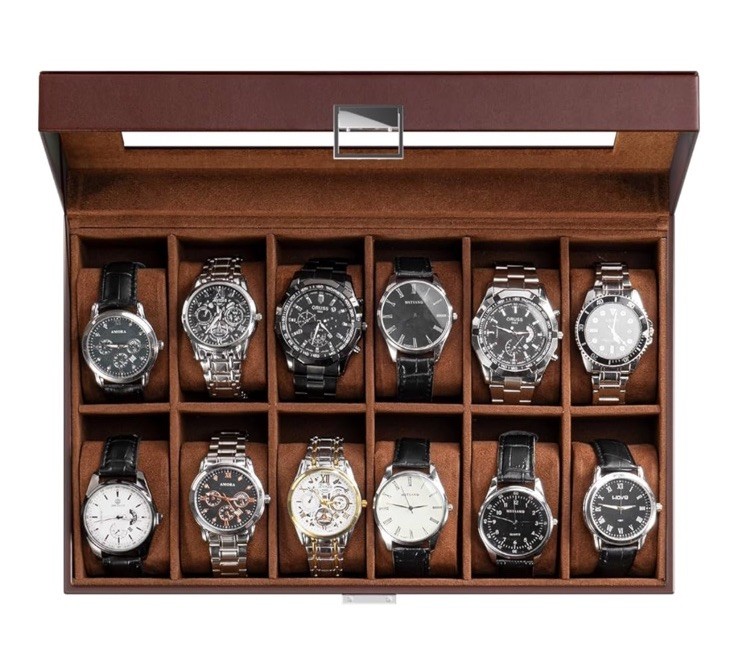 12-Slot Leather Watch Case with Clear Glass Lid for Stylish Storage