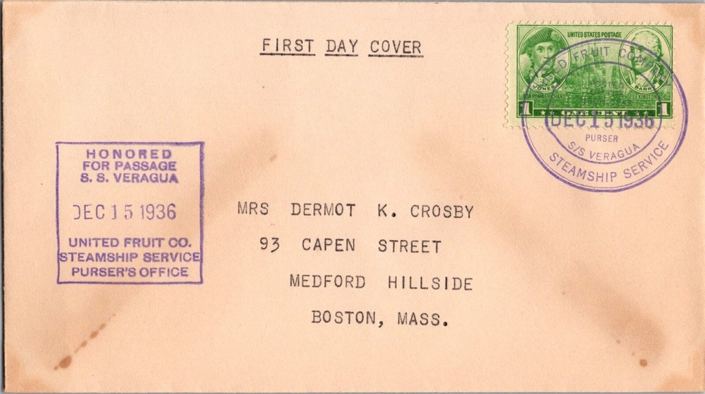 1936 USA SS Veragua Purser First Day Cover United Fruit Company UFC to Massachusetts