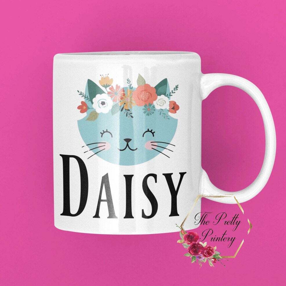 Personalised Mug Cute Custom Gift Pretty Cat Kitty Floral Crown Gift For Her